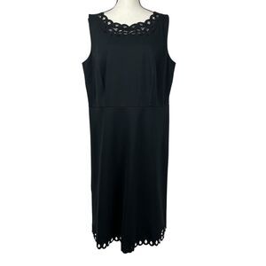 Talbots Fit & Flare Dress 14W Black Sleeveless Scallop Eyelet Trim Embroidered